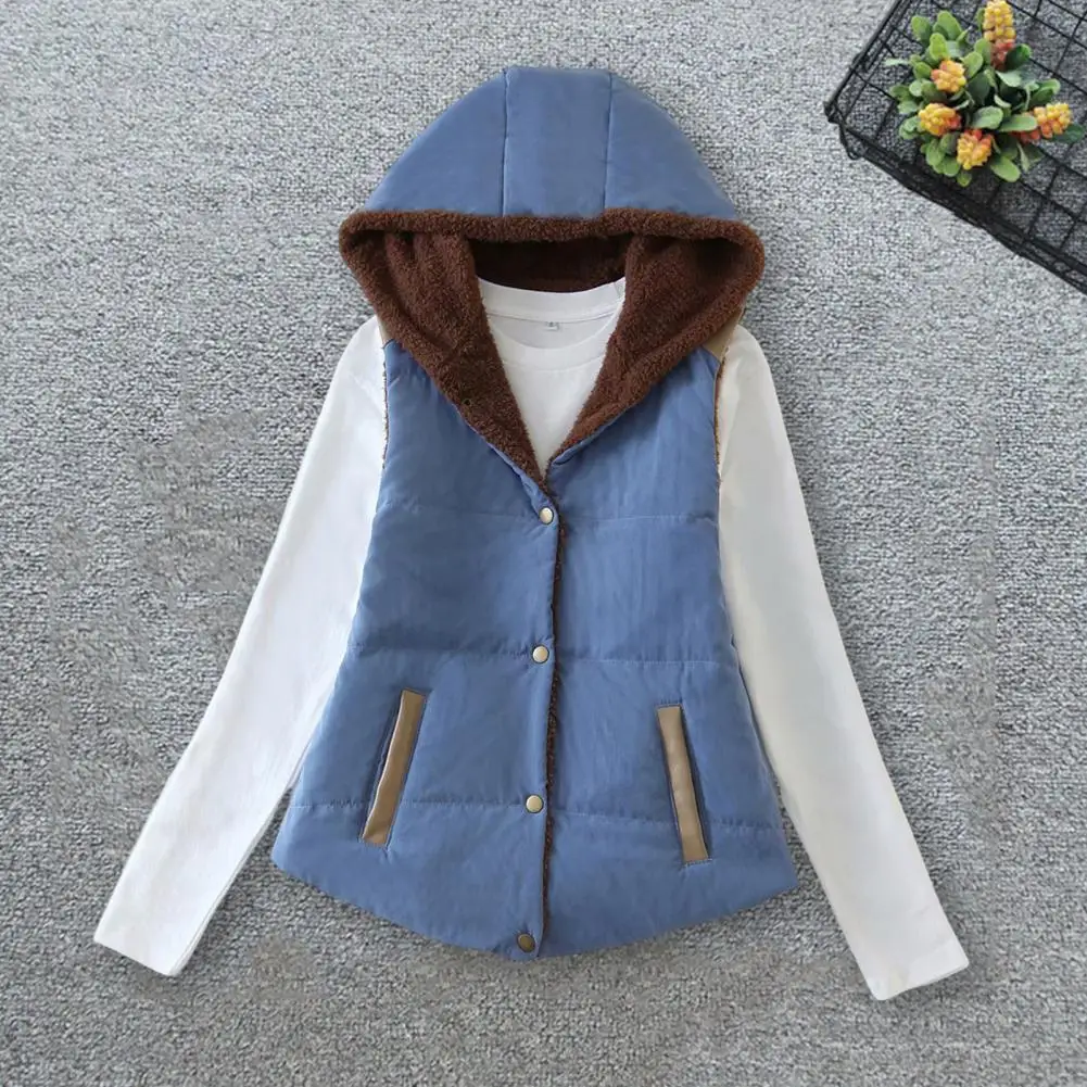 

Vest Overcoat Slant Pockets Casual Waistcoat Women Warm Lamb Wool Lining Sleeveless Hooded Jacket
