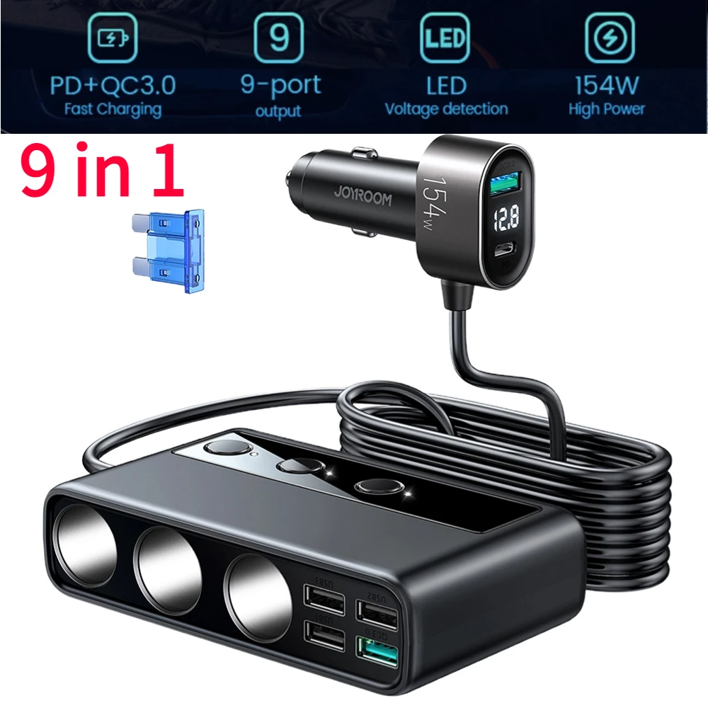 

Joyroom 154W Car Charger Adapter PD 3Socket Car Lighter Socket Splitter Charge Independent Switches DC Cigarette Outlet JR-CL06