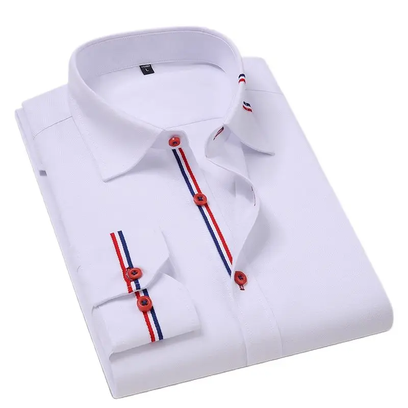 Quality Men's Long Sleeve Oxford Striped Casual Shirt Front Patch Regular-fit Button Down Collar Thick Work Shirts