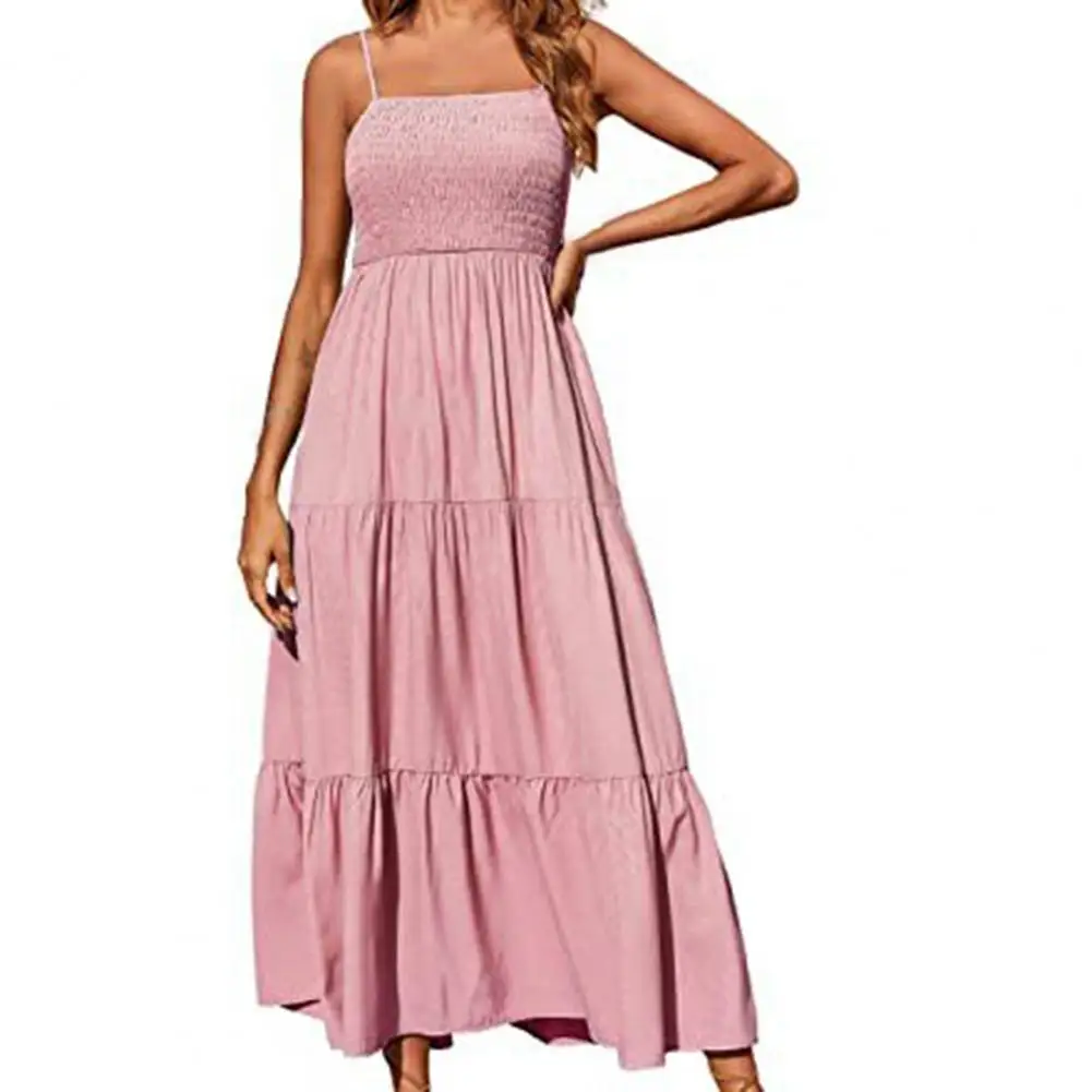 

Summer Dress for Women Solid Color Spaghetti Strap Elastic Elegant Girl Dress for Daily Wear Casual Women Clothing Pink XL