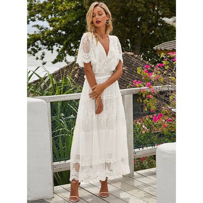 

Hollow Out White Dress Sexy Women Long Lace Dress Cross Semi-Sheer Plunge V-Neck Short Sleeve Lace Maxi Dress