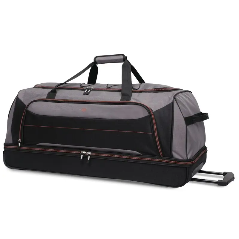 30 In Rolling Drop-Bottom Duffel Bag for Travel, Black and Grey