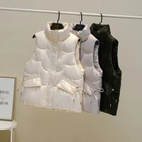 2022 autumn winter women glossy loose vest drawstring stand collar long vest jacket cotton padded women windproof warm waistcoat