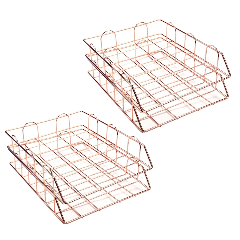 

4x Office Supplies Metal Stackable File Document Letter Tray Organizer, Rose Gold