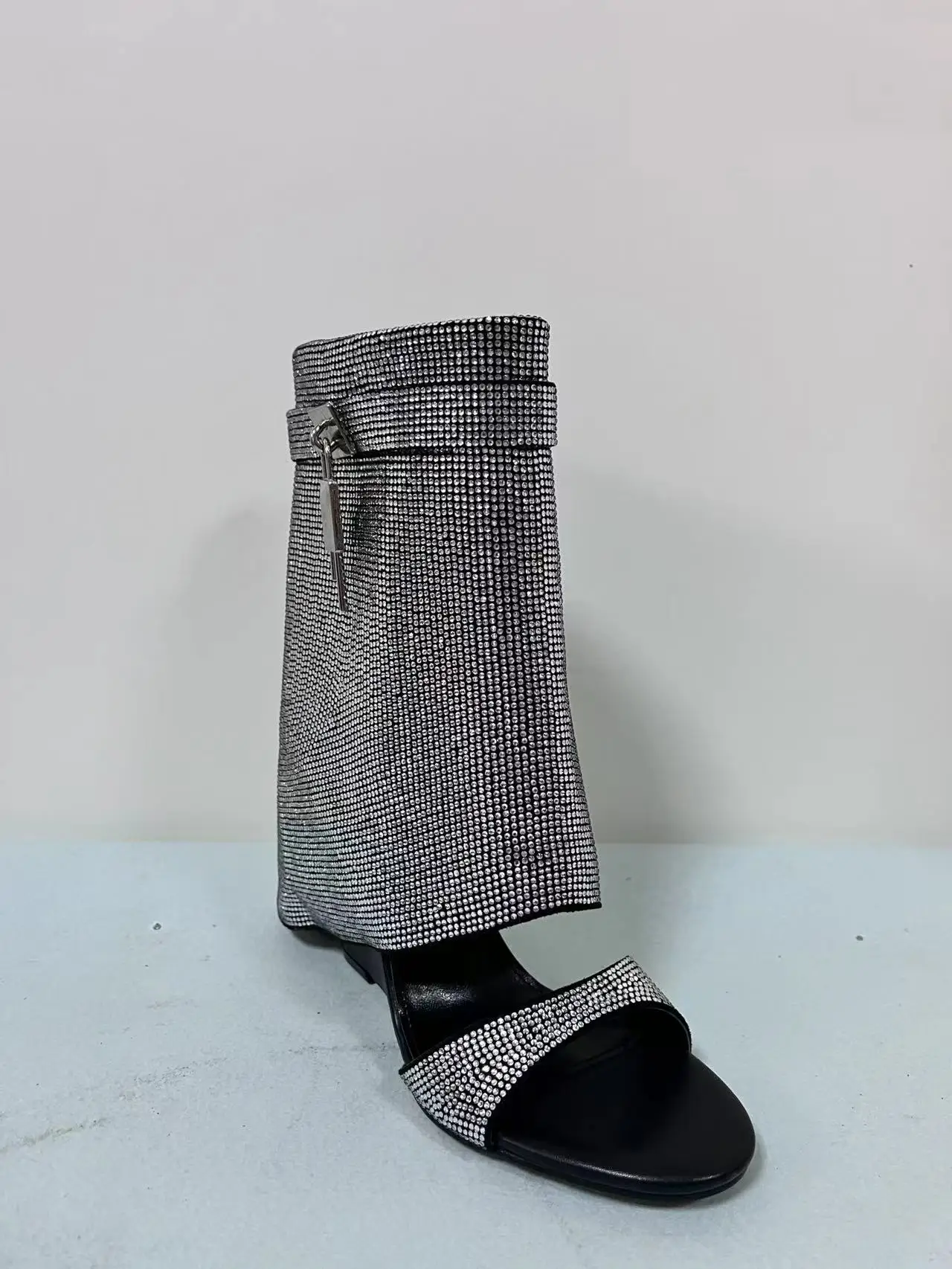 Brand Design Metal Lock Women Knee High Boots sexy rhinestone peep toe high wedges woman shoes Wedding Nightclub Party Long Boot