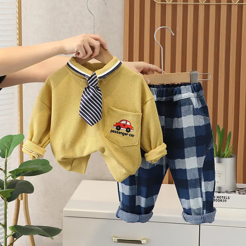 

Fashion Children Boys Girls Cartoon Clothing With Tie Baby T-shirt Pants 2Pcs/Set Kids Autumn Toddler Tracksuits 0-5 Years