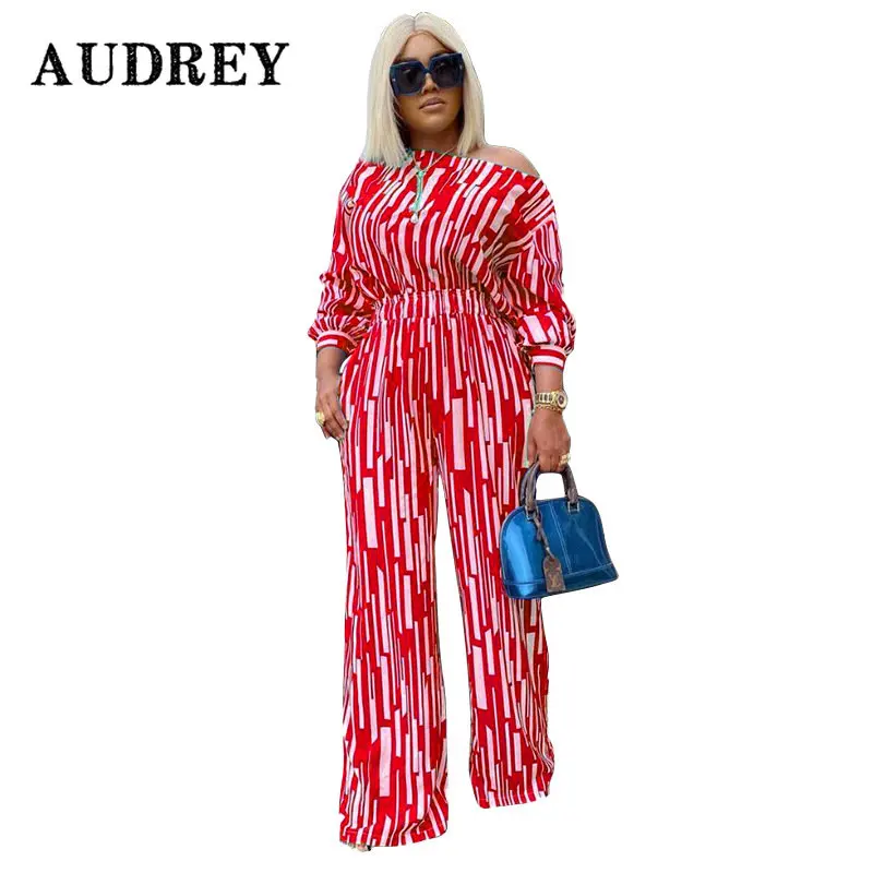 

Модный повседневный Женский комплект из двух предметов в полоску, топ с открытыми плечами и длинным рукавом, свободные широкие брюки, женский наряд для вечеринки