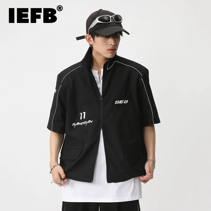 

IEFB Men's Trendy Baseball Clothing Short Sleeve Casual Shoulder Pad Shirt Coat Korean Style Zipper Stand Collar Male Top 9A7462