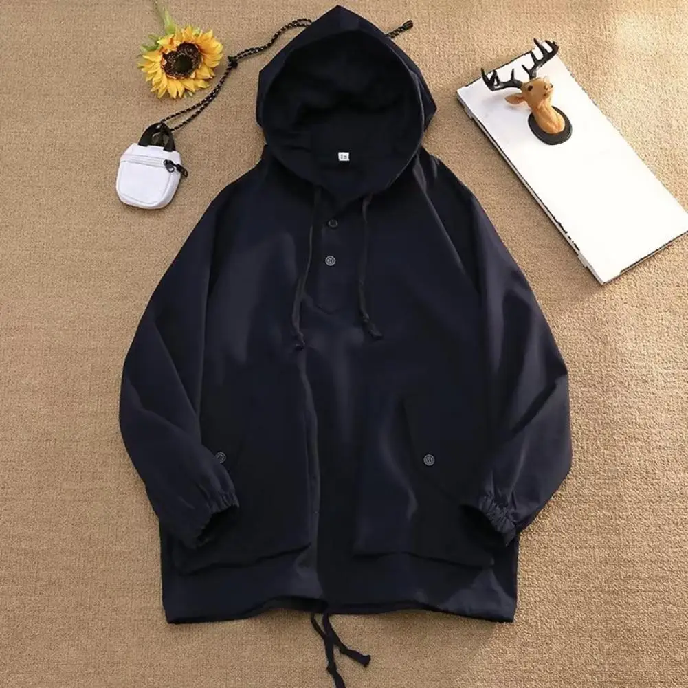 

Hooded Long Sleeve Pockets Drawstring Casual Sweatshirt Spring Autumn Thin Solid Color Cargo Jacket