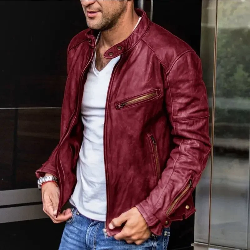United States Handsome Motorcycle Leather Coat Western Cowboy Standing Collar Jacket Men Casual PU Tide