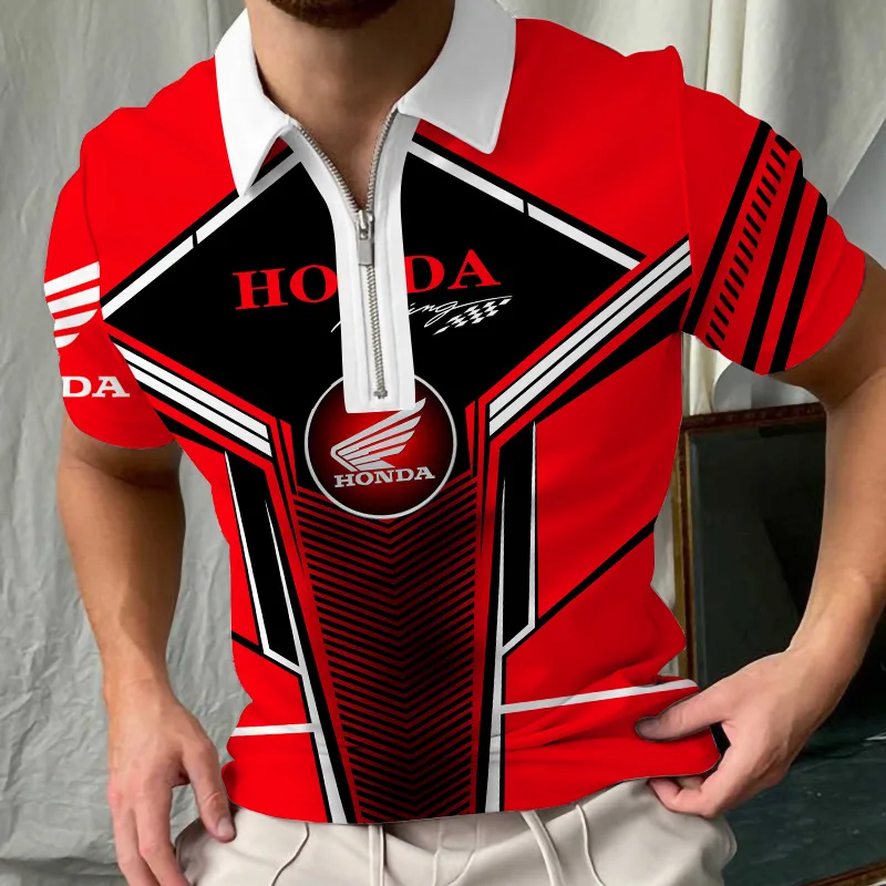 

Men's Short Sleeve Polo Shirt Animal Check Car Logo Striped T-shirt Streetwear Fashion Zip Lapel Casual Top