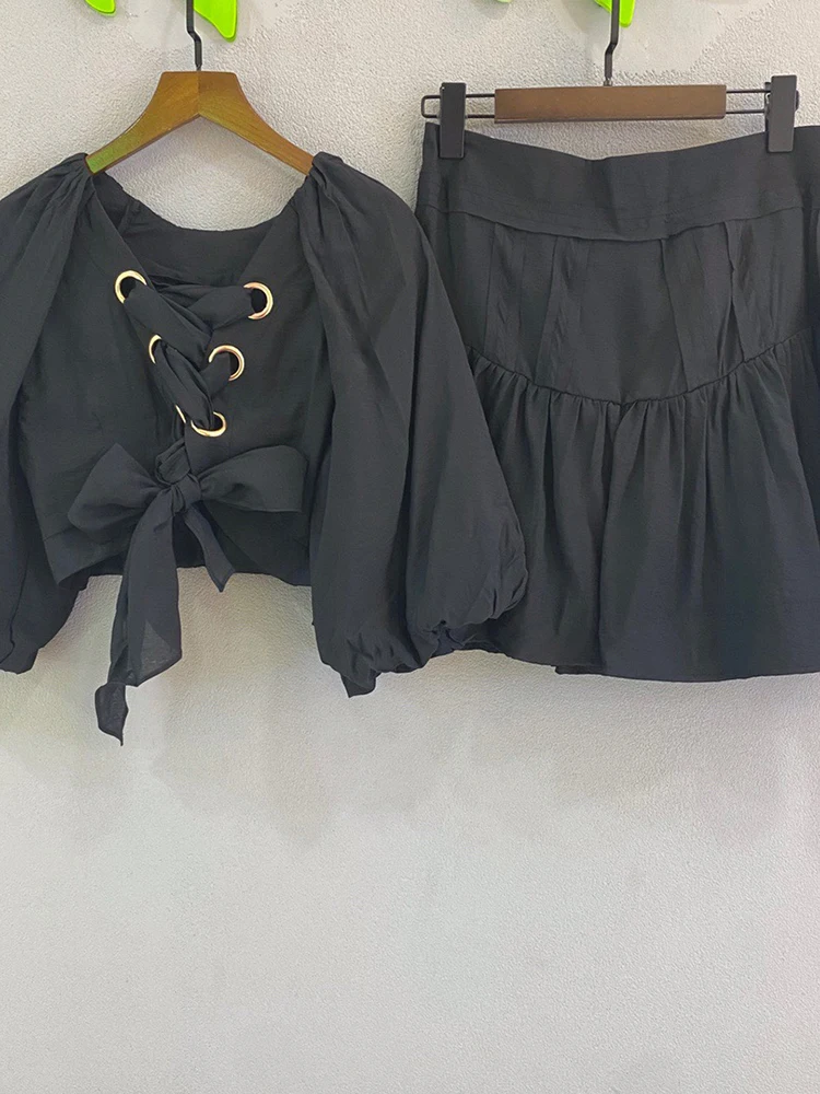 Delocah High Quality Summer Women Fashion Runway 2 Pieces Set Lantern Sleeve Short Tops + High Waist Black Print Skirts Suits enlarge