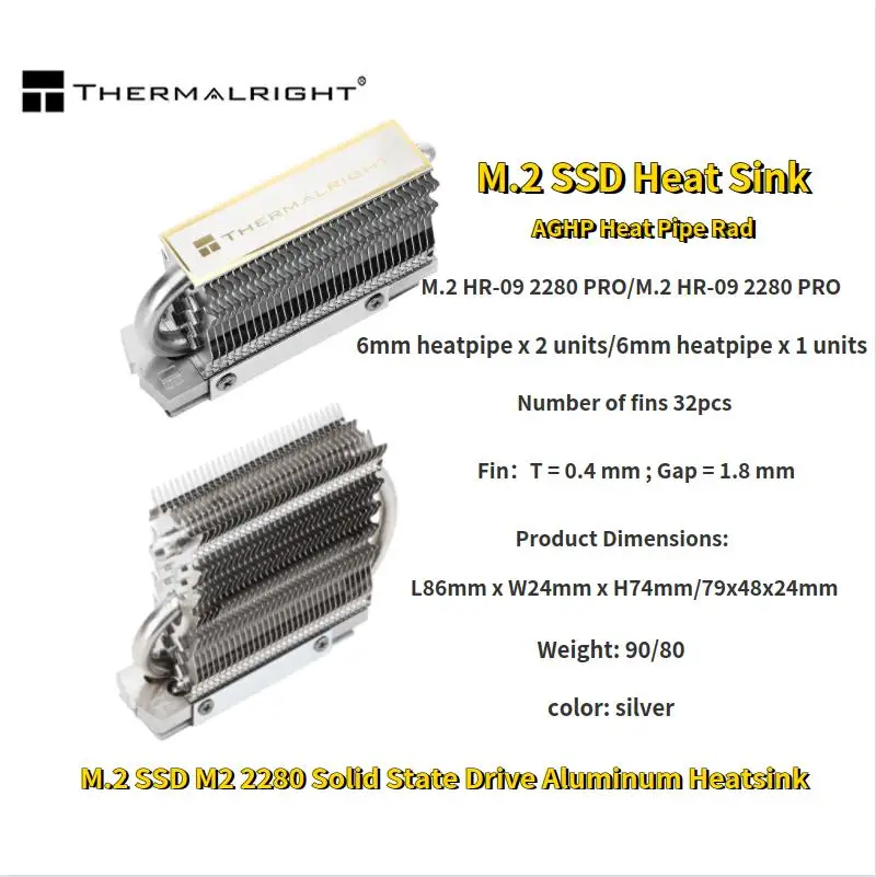 

Thermalright HR-09 2280/HR-09 2280 PRO M.2 2280 Solid State Drive Aluminum Heatsink Cooler Heatsink Cooling Pad for Desktop PC