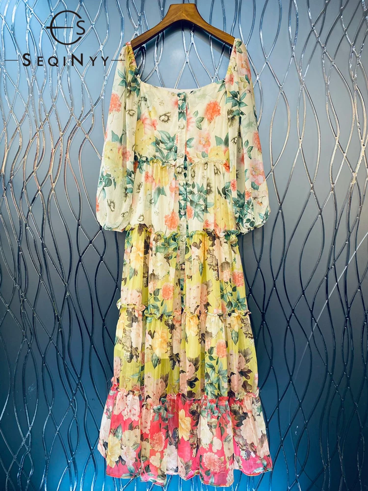 

SEQINYY Chiffon Dress Summer Spring New Fashion Design Women Runway High Street Vintage Flowers Print A-Line Elegant Midi