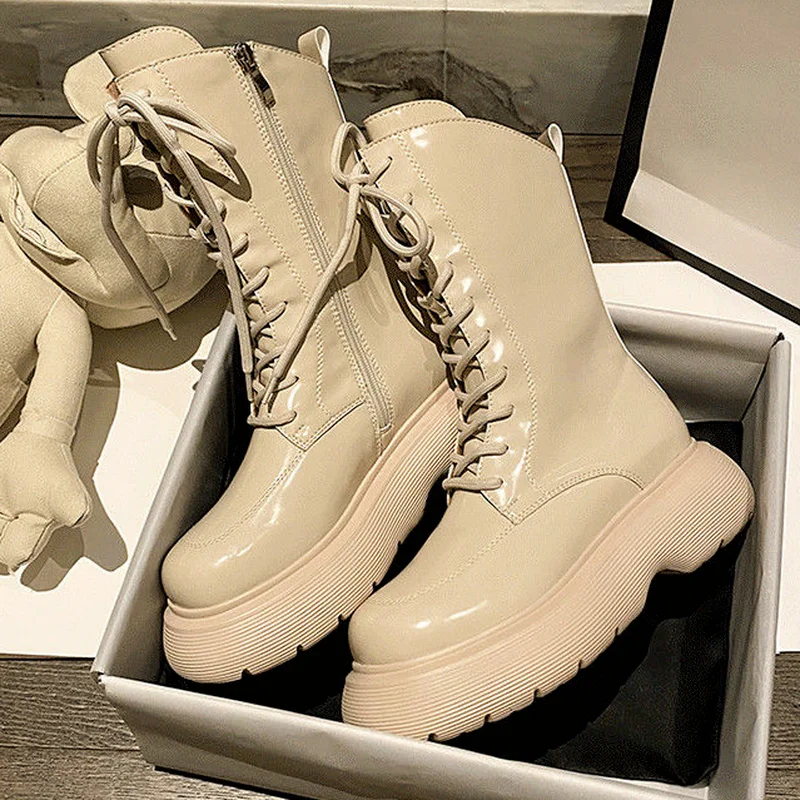 

2022 Autumn and Winter New Platform Women's Boots White Ankle Boots Big Head Side Zipper Rider Boots Women's Boots Punk Boots