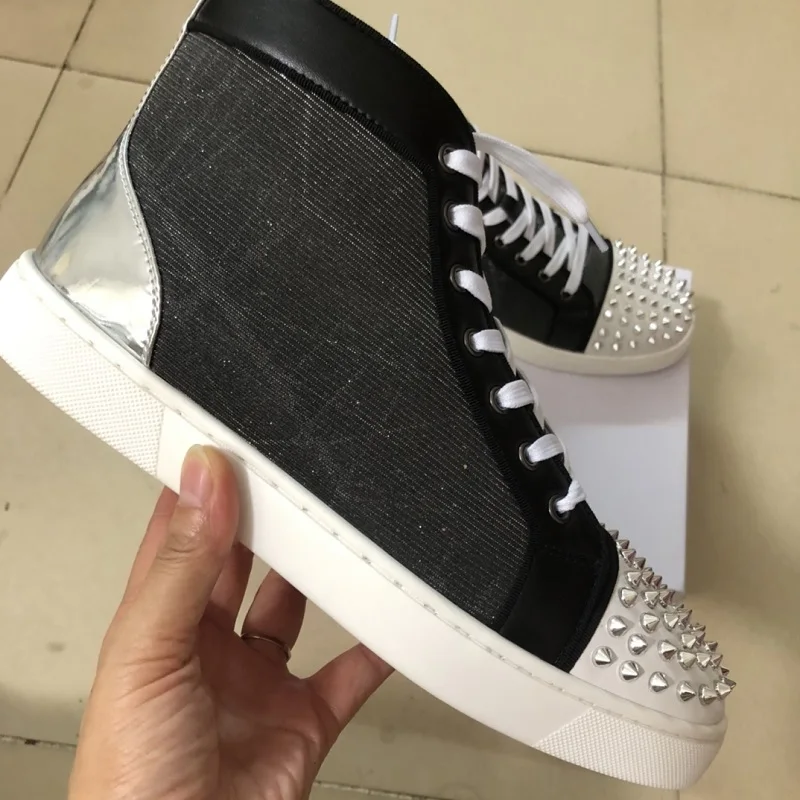 

New Fashion High Top Black Pinstripe Silver Willow Nail Flat Shoes Casual Office Shoes Red Sole Lefu Shoes Outdoor Sports Shoes