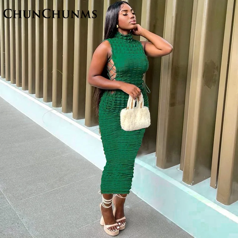 

Summer Side Lace Up Sleeveless Pleated Maxi Dress Women Sexy Elegant Evening Long Dresses Party Club Outfits Festival Robe 2022