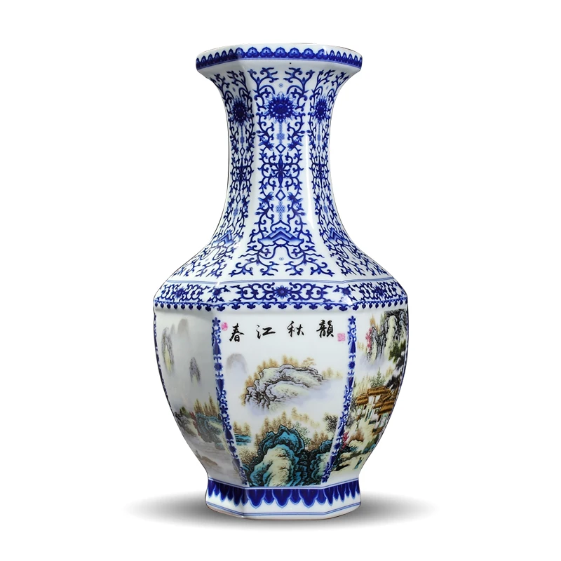 

Антикварная керамическая ваза Qing Qianlong, сине-белая Шестигранная ваза с цветами, античный фарфор, коллекция древнего фарфора