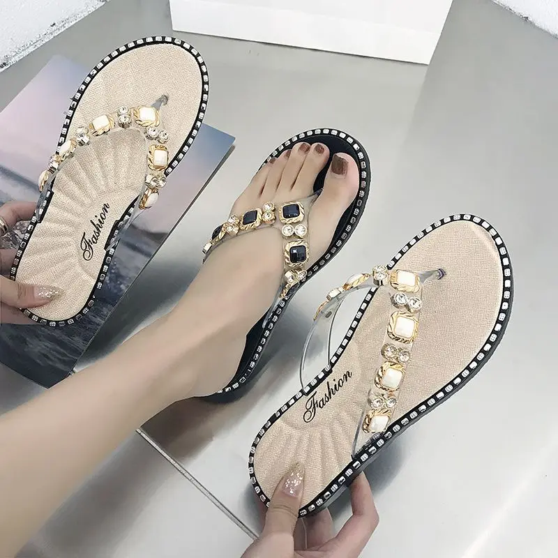 

Woman Slippers Low Heel Jewels Sandals Outside Shoes for Women 2023 Transparent Summer on Beach Slides Flat Crystals Gold Clear