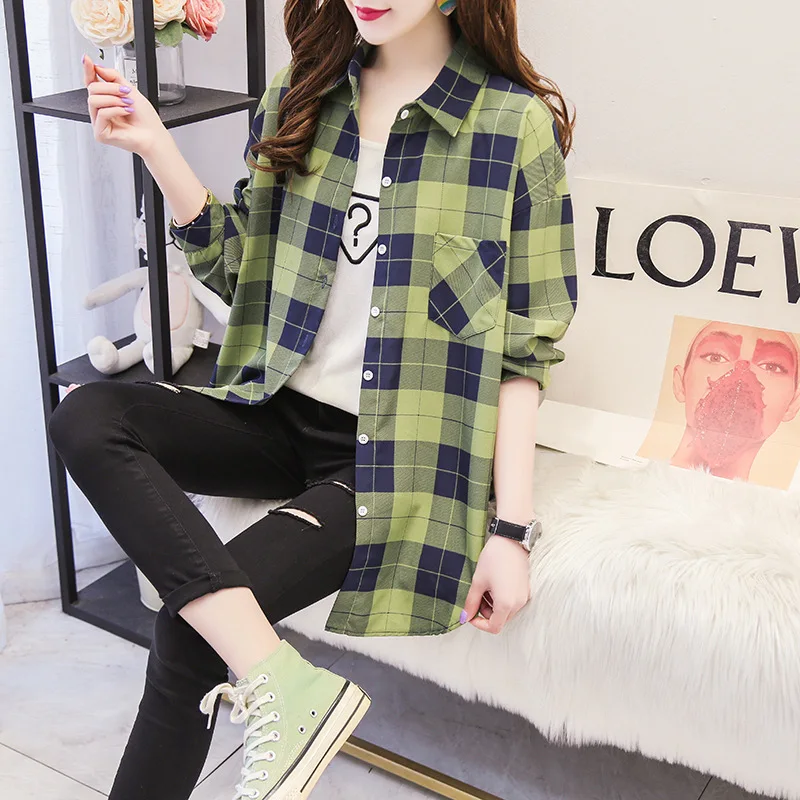 

Student Plaid Shirt Women's Long-Sleeved Korean-Style Loose 2022 Spring and Autumn Clothing New Preppy Style Outerwear ShirtCoat