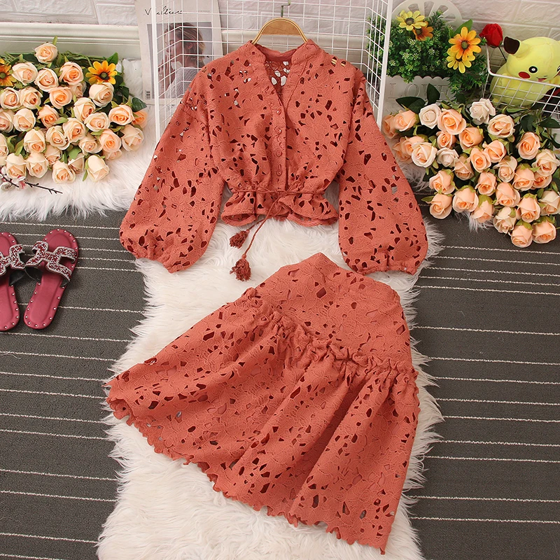 

Summer Ladies Two Piece Set Outfits Hollow Out Long Sleeve Short Tops+ Mini A-Line Dress Sexy See Through Skirt Sets 2022 New