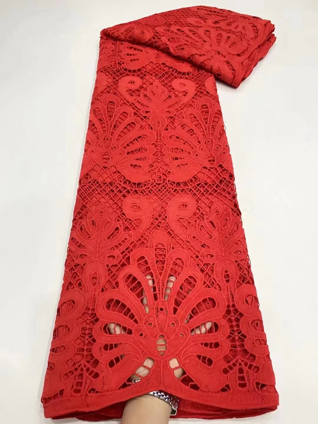 

NDPG02 Wholesale Embroidered Milk Silk Lace in Red,Good Quality African Guipure Cord Lace Fabric for Party/Wedding Dress