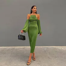 Vestido verde ajustado de fiesta para mujer, vestido Sexy ajustado de Color liso con manga sin tirantes, trajes de noche para cumpleaños y Club (4)