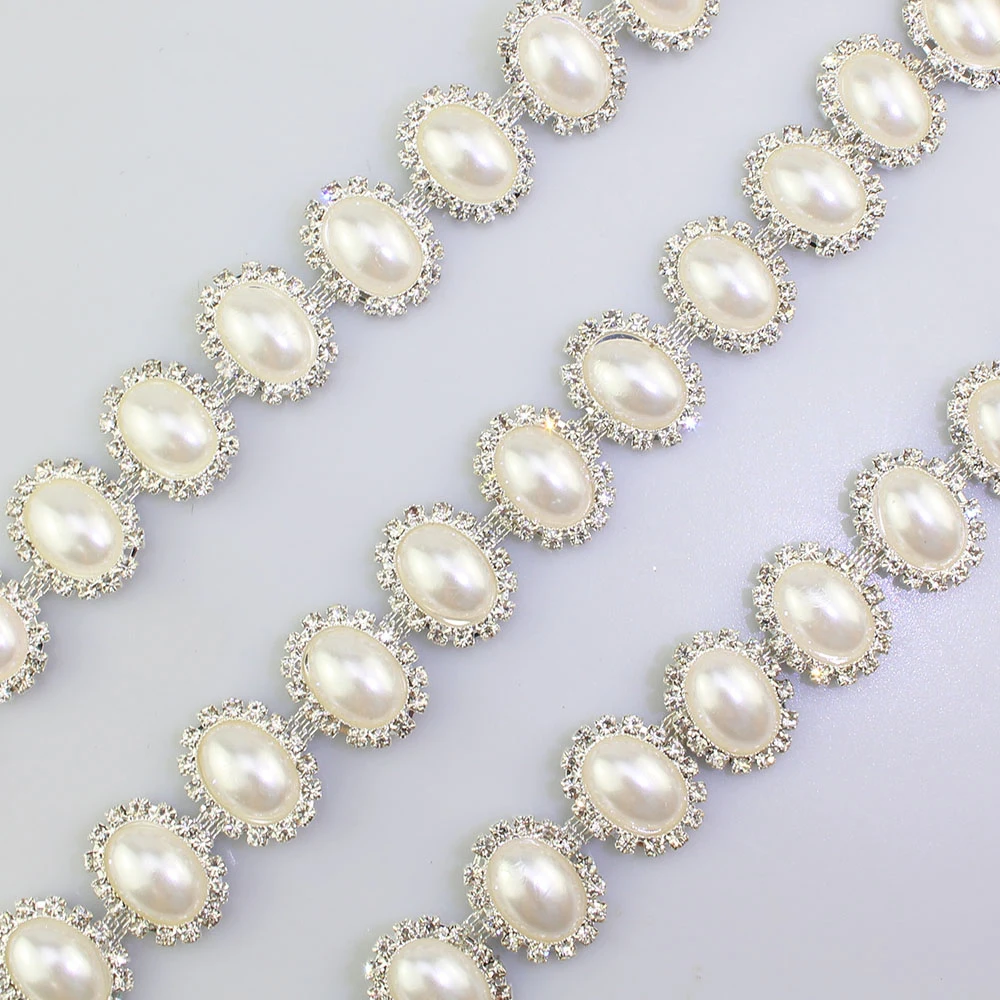 

1 yard Pearl Flower Rhinestone Trim Plating Gold Silver Flatback pearl Crystal Decorative Clothing Accessories Free Shipping