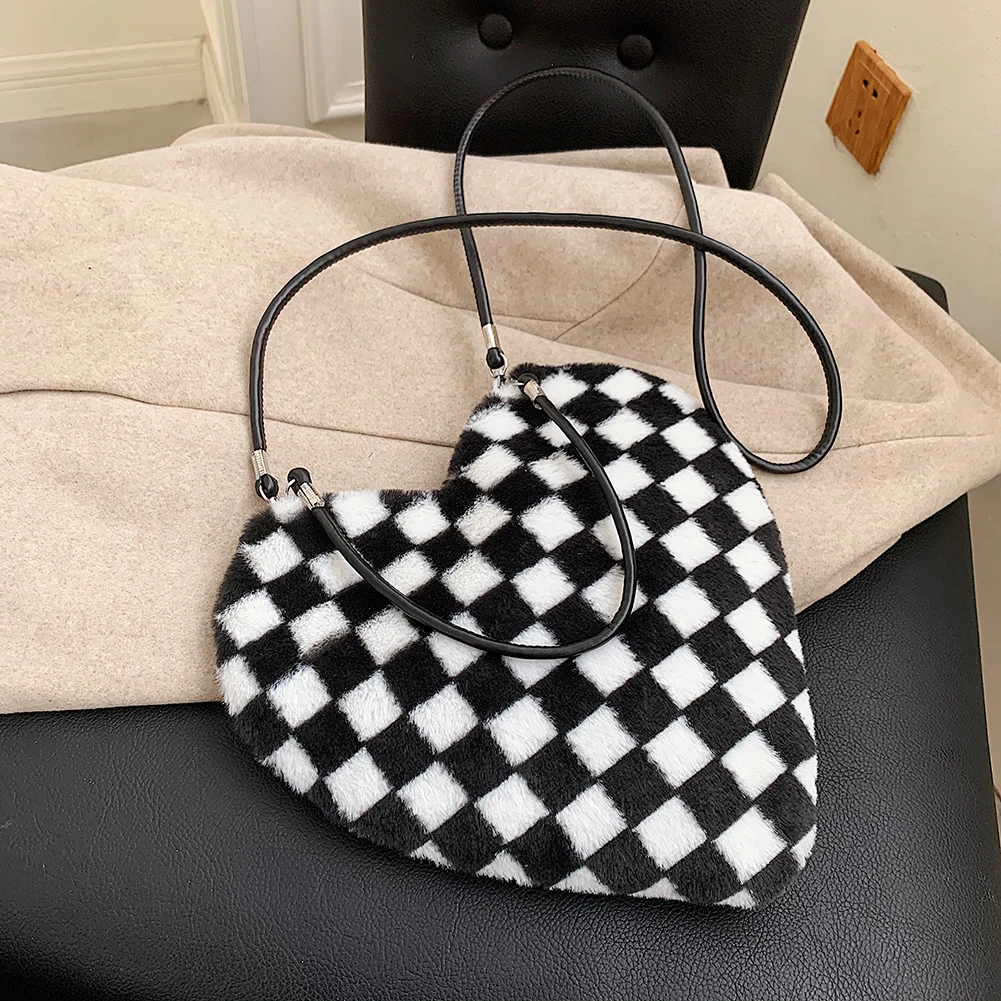 

Women Shoulder Bag Fashion Checkered Print Plush Crossbody Bag Women Contrast Color Messenger Bags Fashionable Decor