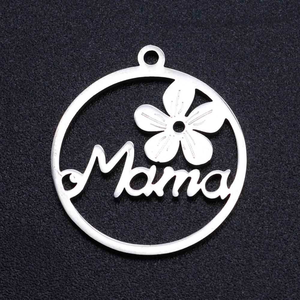 

5pcs Mama Letters Heart 201 Stainless Steel Charms Round Pendant for Mother's Day Fashion Jewelry Making DIY Necklace Bracelet