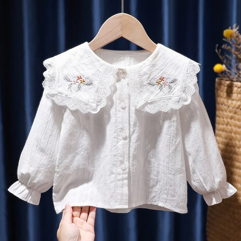

Korean Children's Clothing Spring Autumn Solid Embroidery Button Blouse Fashion Doll Collar Pleated Long Sleeve Shirt Kids Girl