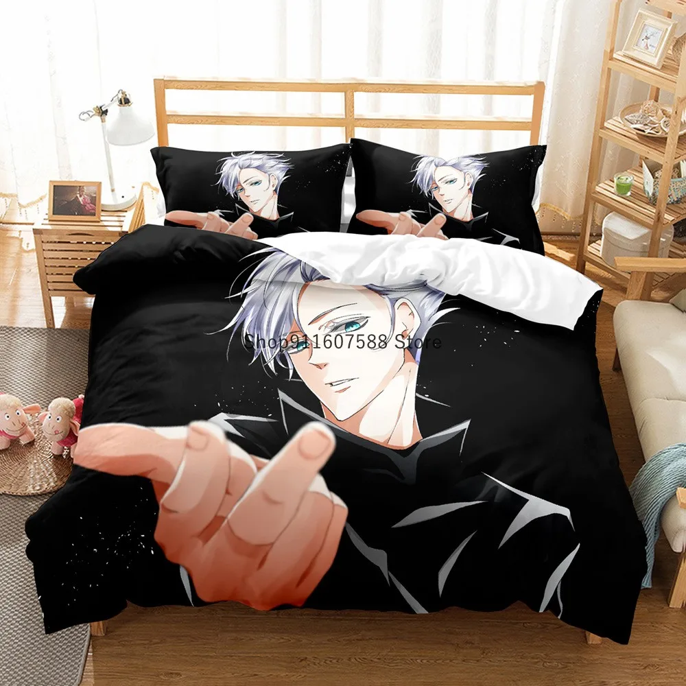 Комплект постельного белья Japanese Anime Jujutsu Kaisen размеров Queen, King и Double с наволочками и декоративными элементами для детей из мягких текстильных материалов.