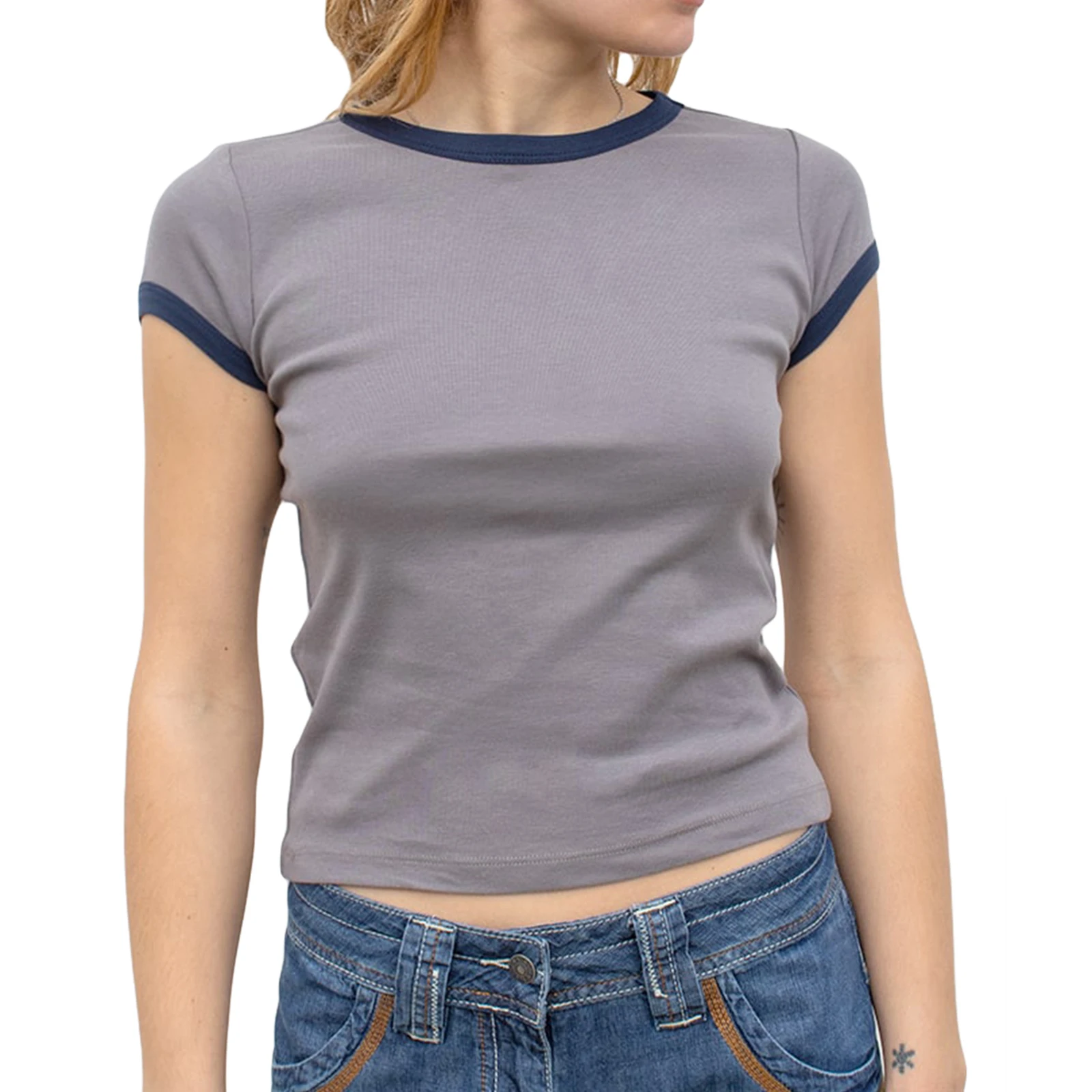 

Кроп-Топ женский облегающий с коротким рукавом, футболка контрастных цветов с круглым вырезом, уличная одежда, лето