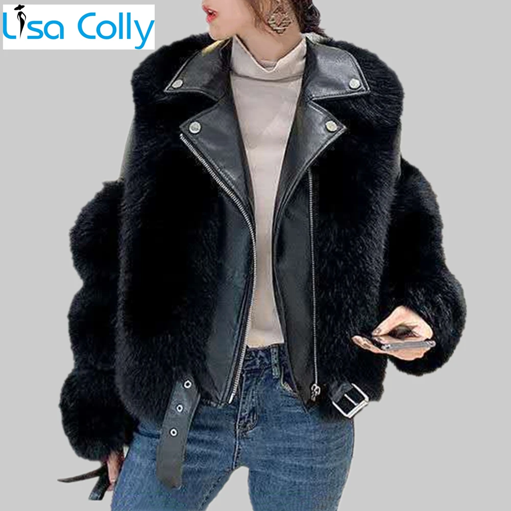 Winter Women PU Leather Collar With Fur Coat Jacket Women Front Zip Faux Fox Fur Coat High Imitation Fox Fur Coat Jacket