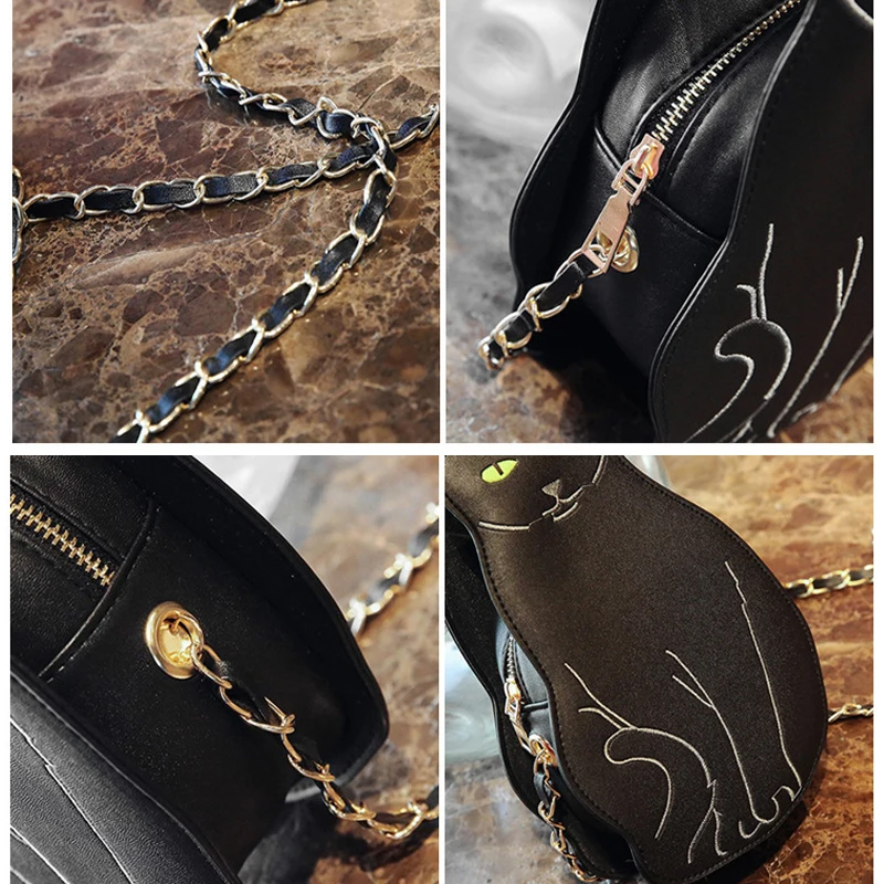 2023 New Cute Black Cat Chains Shoulder Bags Designer Messenger Bag Luxury Pu Leather Crossbdoy Bag Lady Harajuku Small Purses