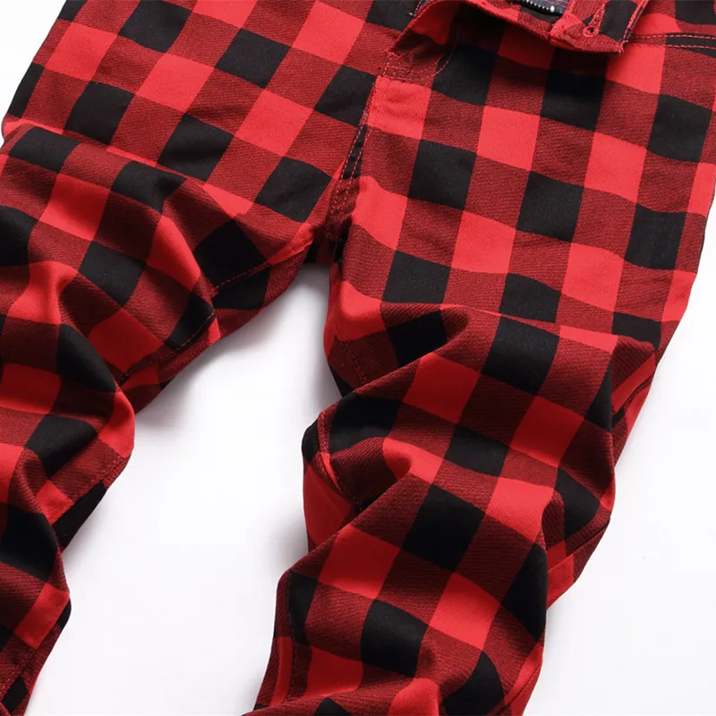 2022 England Style Stylish Red Plaid Men Stretch Slim Jeans Trousers Fashion Patchwork Women Pencil Cotton Casual Pants Pantalon