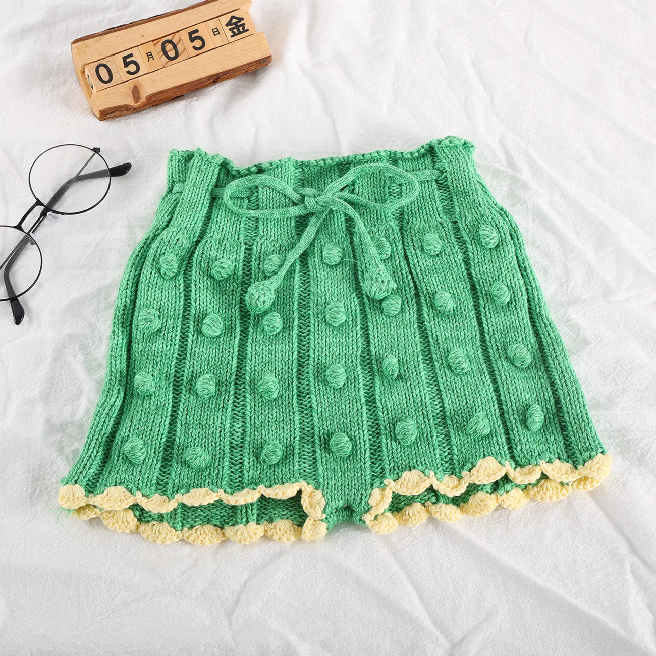 Toddler Girl Pom Pom Short Pants 4 Season Knitwear 100% Cotton Drawstring Shorts Knitting Clothes for Girls