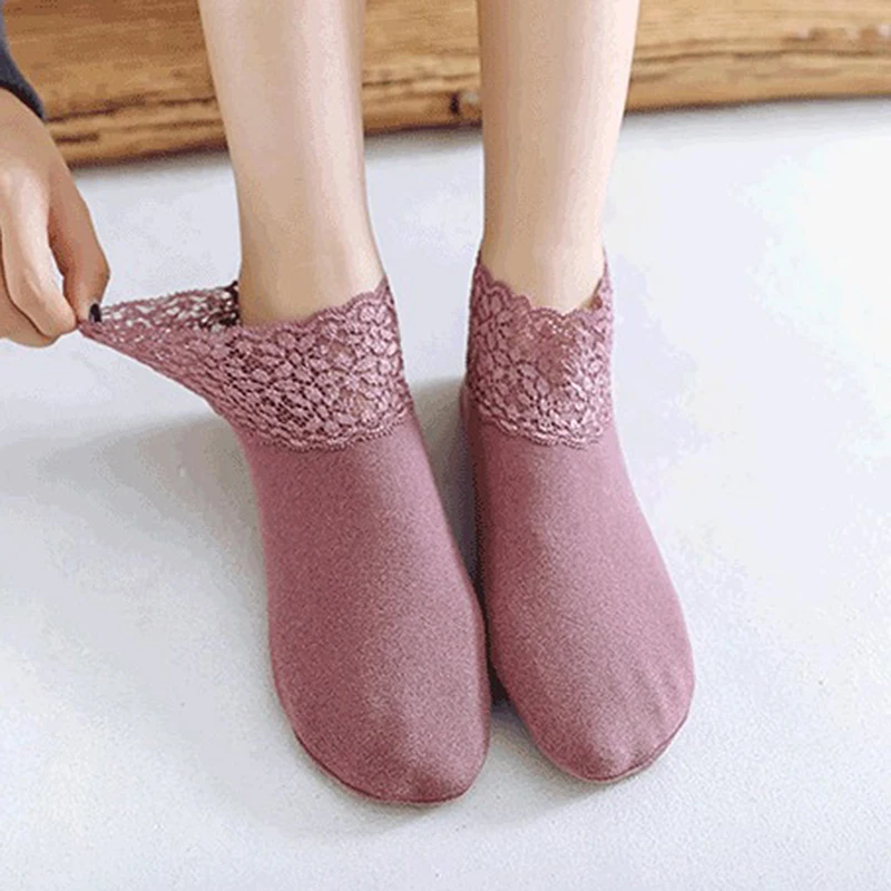 

5 Pairs Women Winter Socks Warm Thicken Thermal Soft Solid Color Socks Wool Cashmere Snow Boots Velvet Lace Home Floor Sock