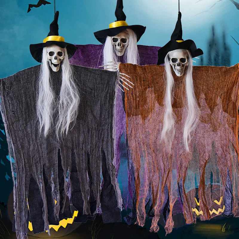 

D2 3Pcs Halloween Hanging Skeleton Ghost with Witch Hat Halloween Party Home Indoor Outdoor Decoration Haunted House Horror Prop
