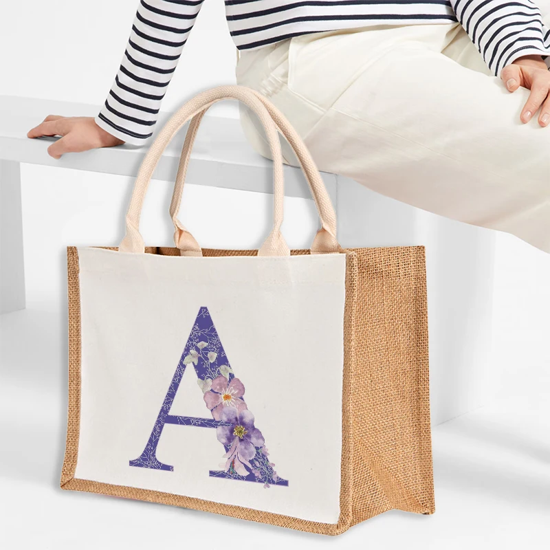 Reusable Burlap Tote Bag Purple Letter Print Women Jute Beac