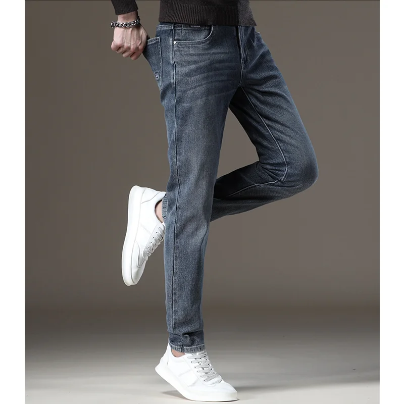 Street Style Men's 2022 Autumn Winter New Slim Fit Elastic Blue Pencil Pants Casual Denim Women's Plush and Thicken Jeans Street