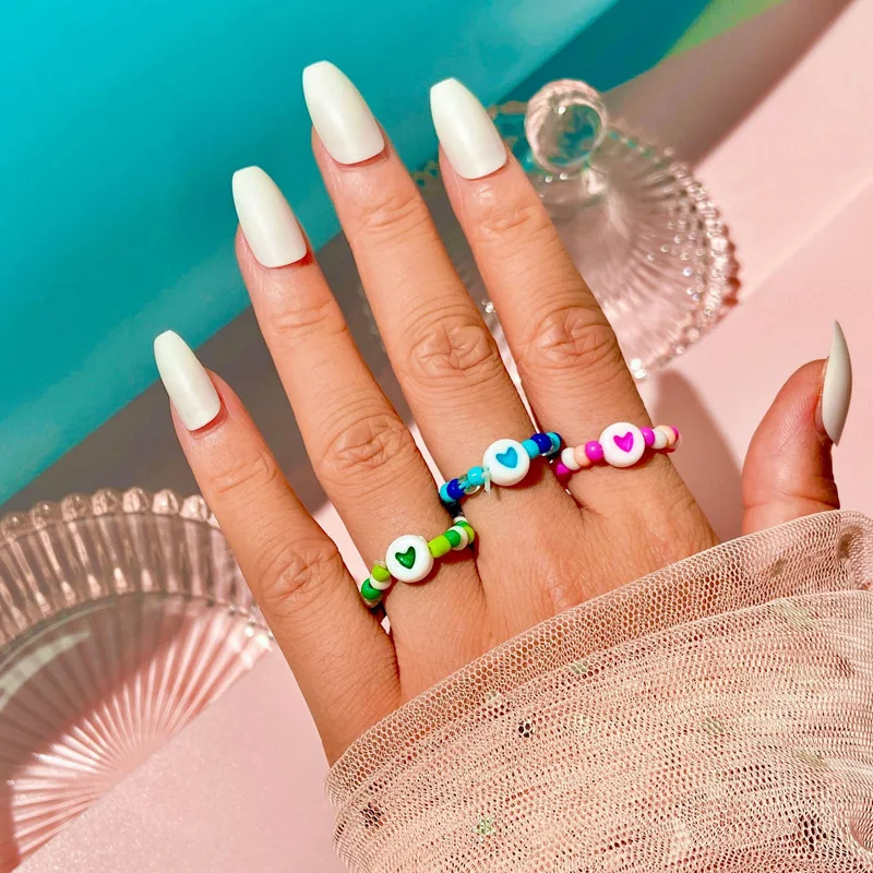 

1pc Boho Colorful Rice Beads Rings Set For Women Elastic Adjustable Ring Girls New Fashion Heart Rings Jewelry