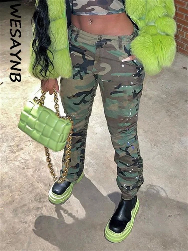 

Одежда y2k, брюки-карго с парашютом для женщин, 2022 зеленые повседневные камуфляжные брюки с принтом, мешковатые прямые брюки, уличная одежда