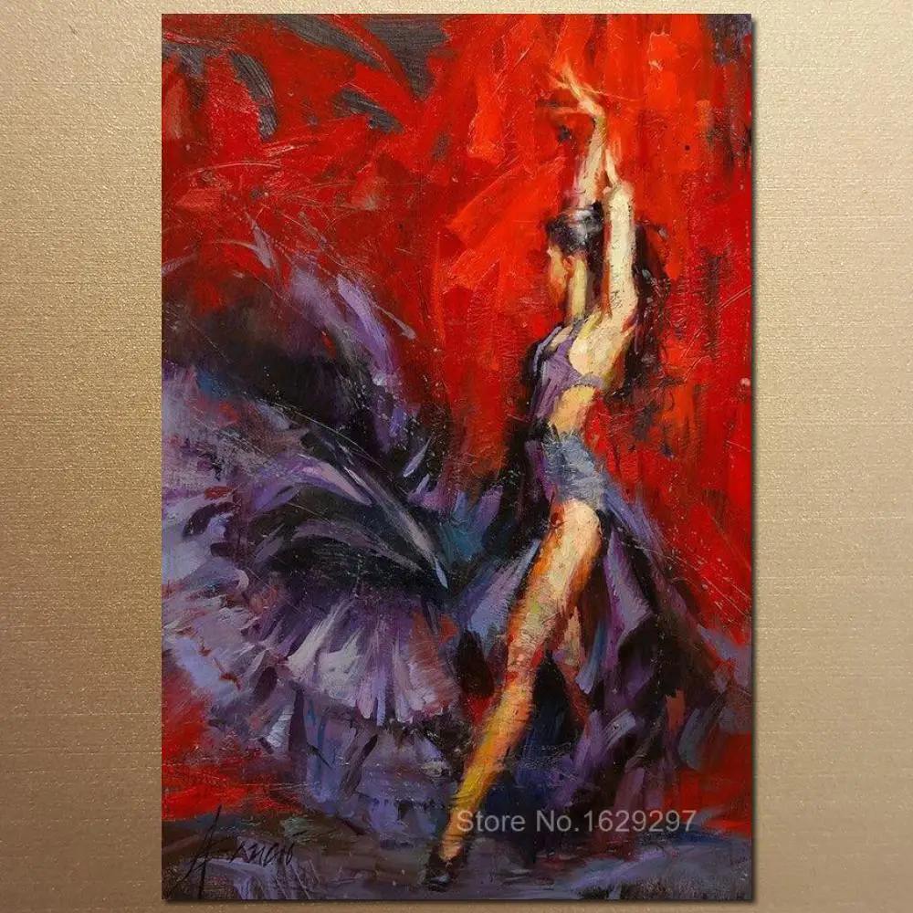 

Hand Painted Oil Women Art Painting Flamenco Dancer Red And Purple Impressionist Ladies Canvas Artwork For Living Room Decor