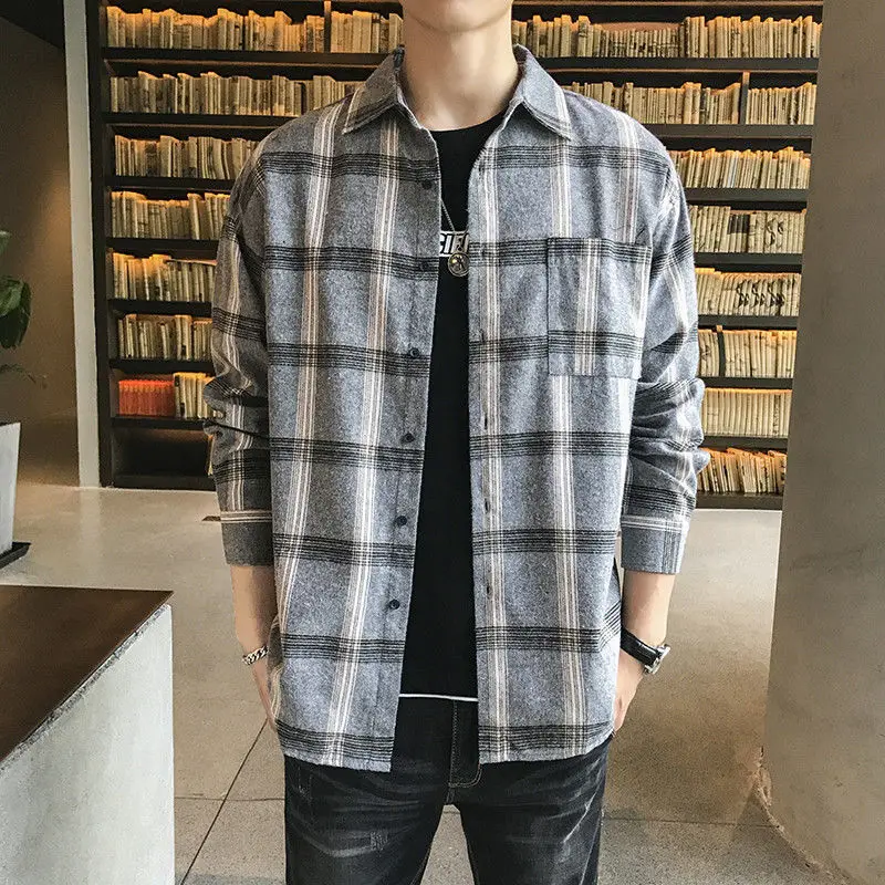 Fashion Lapel Button Spliced Pockets Lattice Shirts Men's Clothing 2022 Autumn New Oversized Casual Tops All-match Korean Shirt
