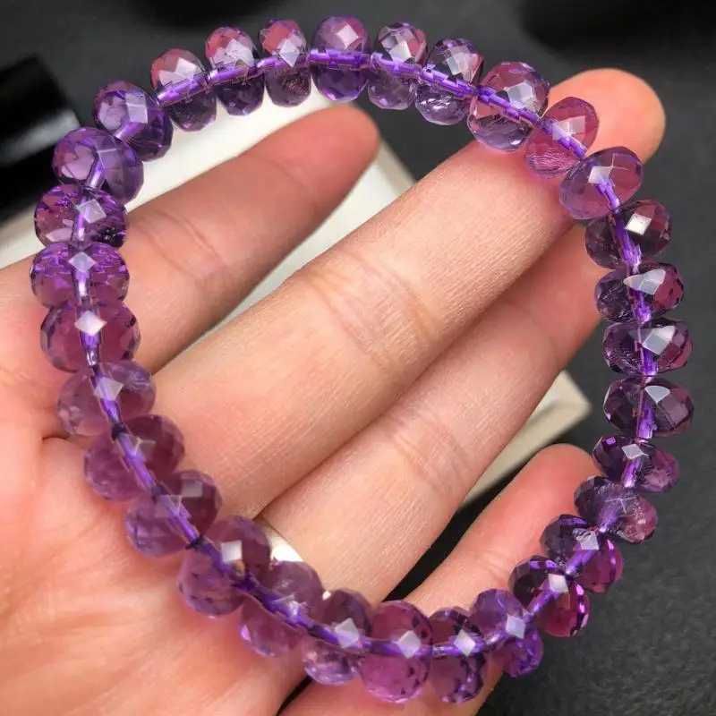 

Send Certificate Natural Amethyst Bracelet Women Healing Gemstone Jewelry Purple Crystal Faceted Beads Elastic Beaded Bracelets