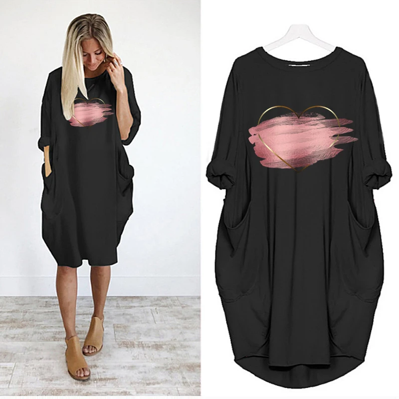 

Elegant Dresses for Women Dazzling Love Heart Print Pocket Casual Dress Long Sleeve Womens Dresses Loose Spring Autumn Vestidos
