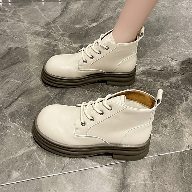 

Boots Women New 2022 White Shoes Lace Up Winter Footwear Flat Heel Round Toe Ladies Med Leather Rock Ankle Autumn Solid Lace-Up