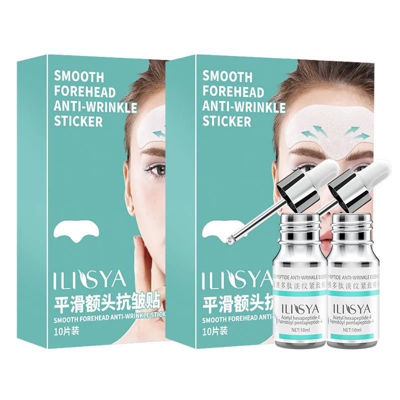 

2 Boxes Forehead Patches and 2 Bottles Hyaluronic Acid Polypeptide Face Serum Anti-Wrinkles Moisturizing Sets
