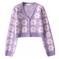 2022 cute purple flower knitted cardigans womens korean spring v neck long sleeve knit sweater vetement femme sueters de mujer